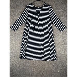 Jodifl Dress Women's Small White Navy Striped 3/4 Sleeve Grommet Lace Up Neck